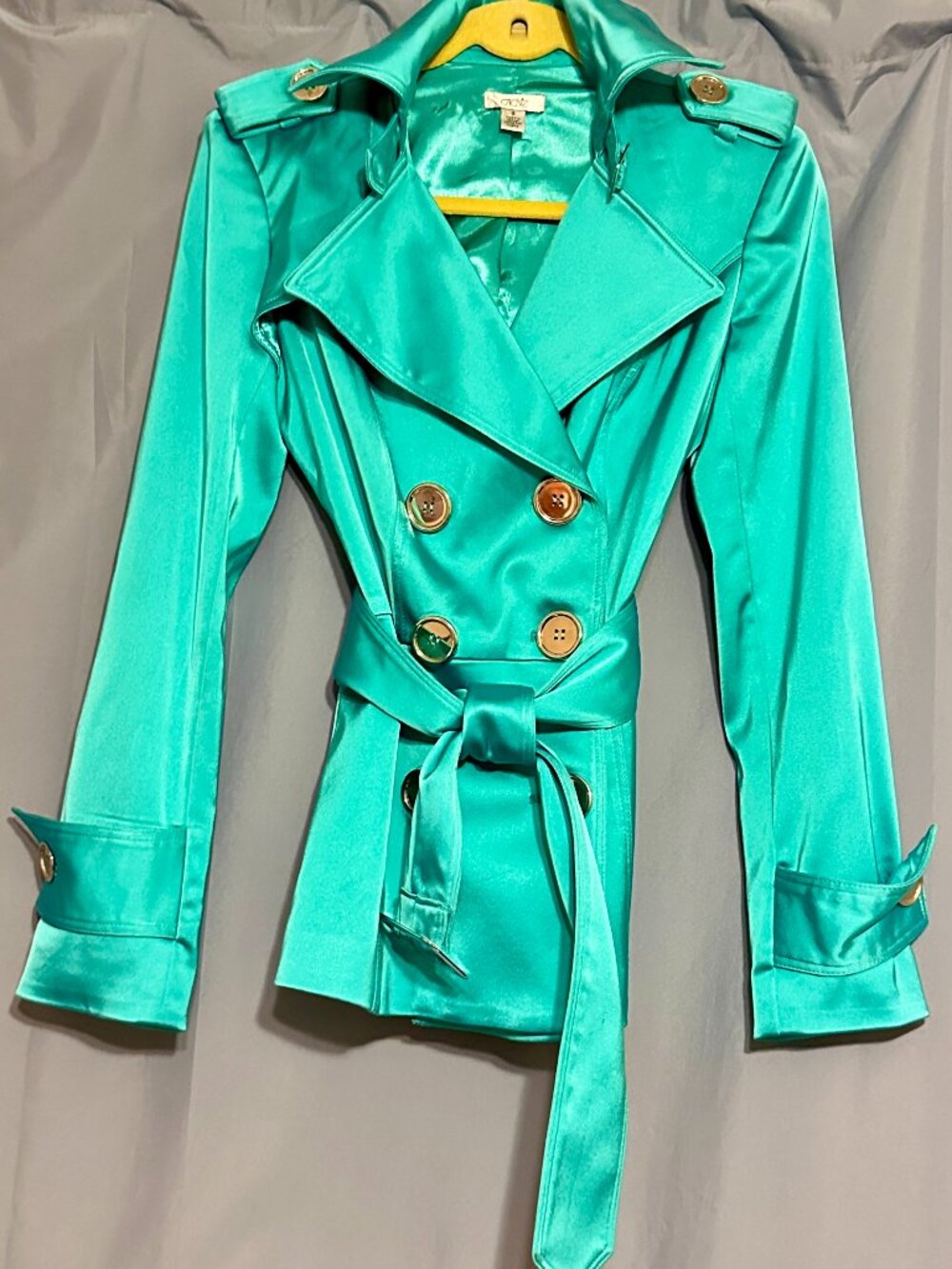 CACHE Sexy Green Satin Belted Short Trench Coat, size S